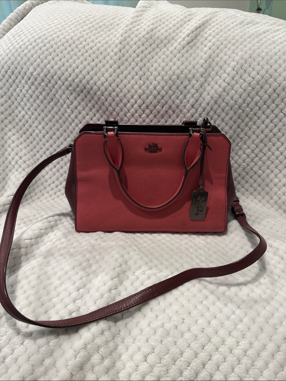 Coach Two-Tone Coral and Burgundy Leather Satchel with Shoulder Strap